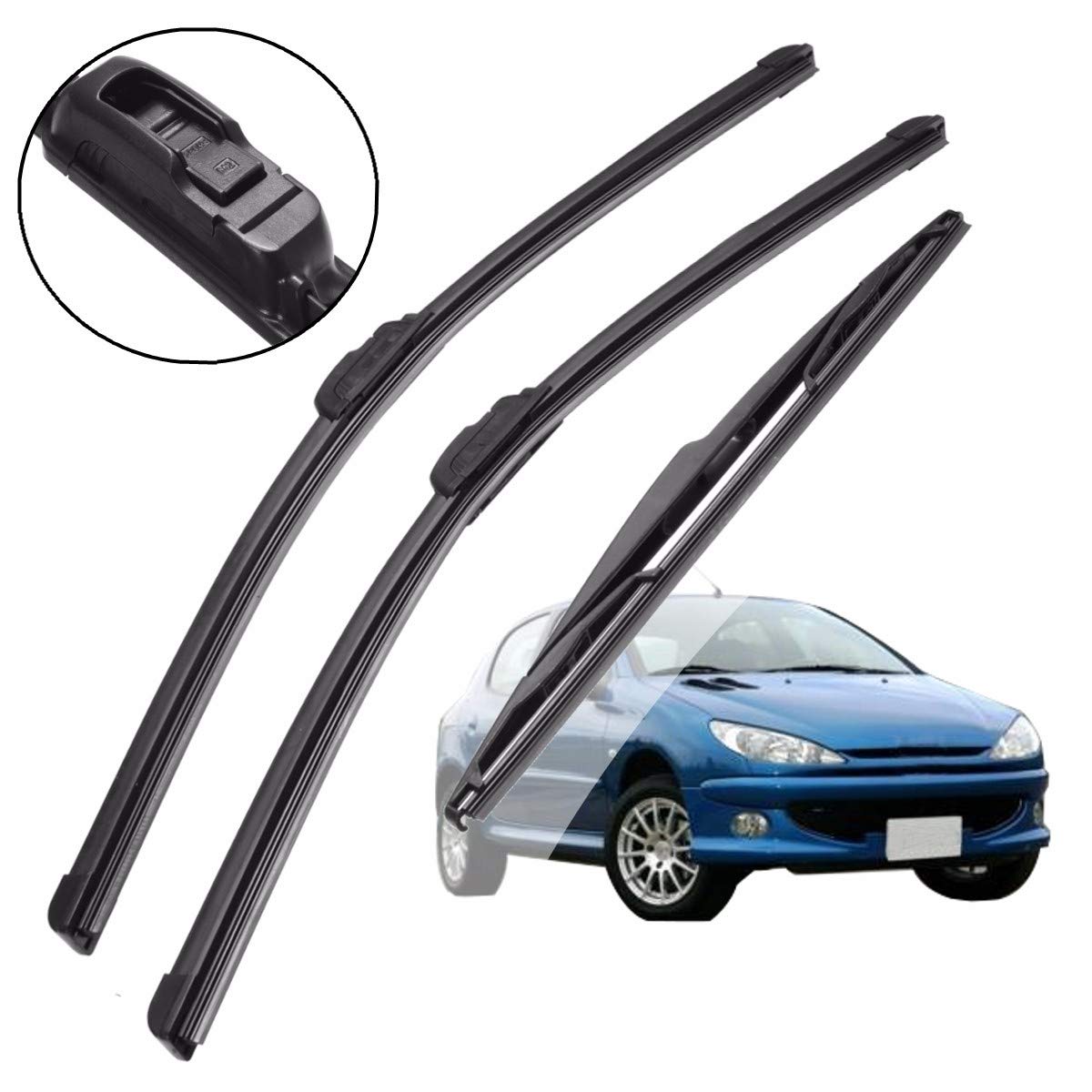 3Pcs 22'' Car Front & Rear Side Windscreen Window Wiper Blades For Peugeot 206 1998-2010