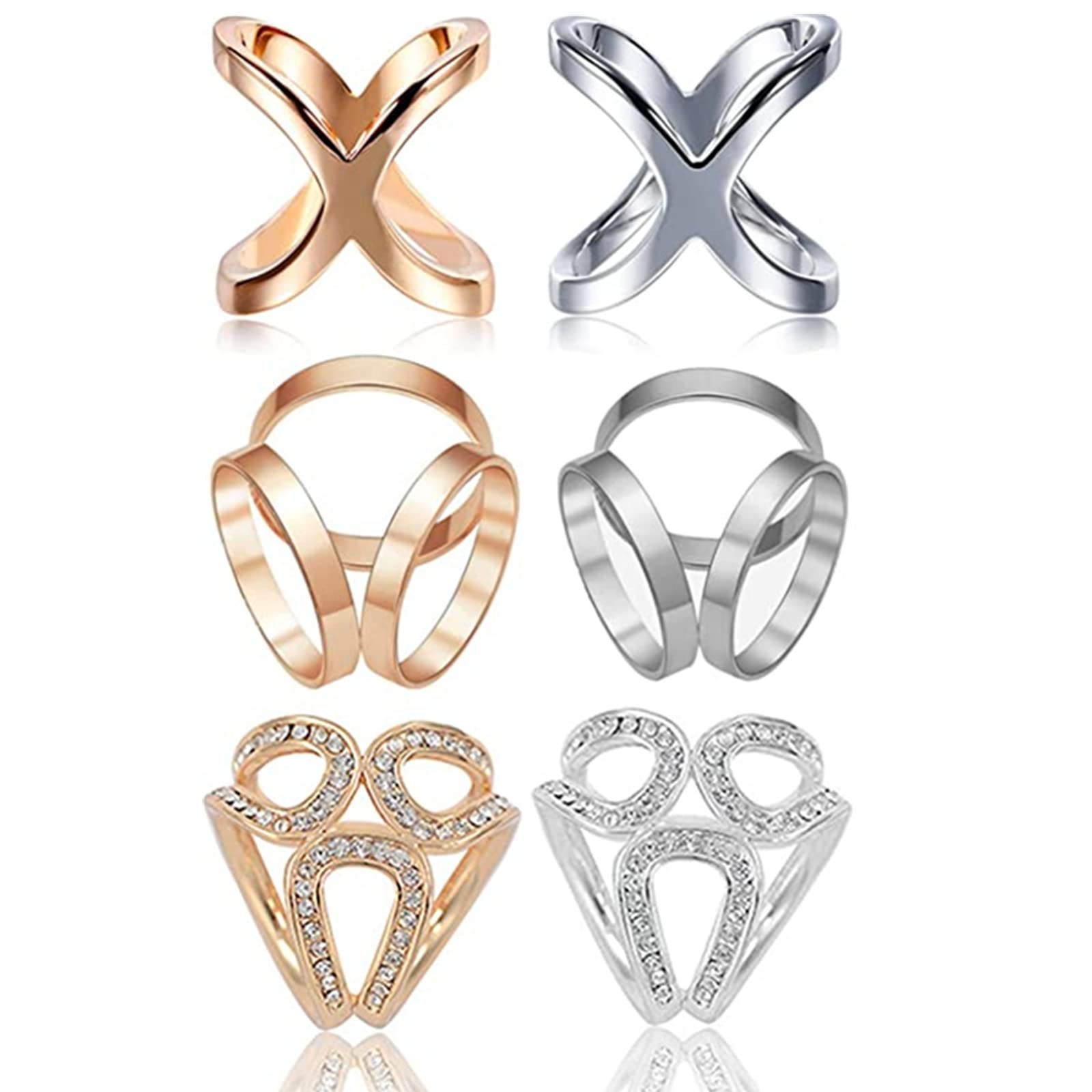 XHBTS 6 pcs Women's Elegant X Shape Silk Scarf Clip Ring Crystal Rhinestone Scarves Clip Buckle Holder for Wedding Party Silver Rose Gold