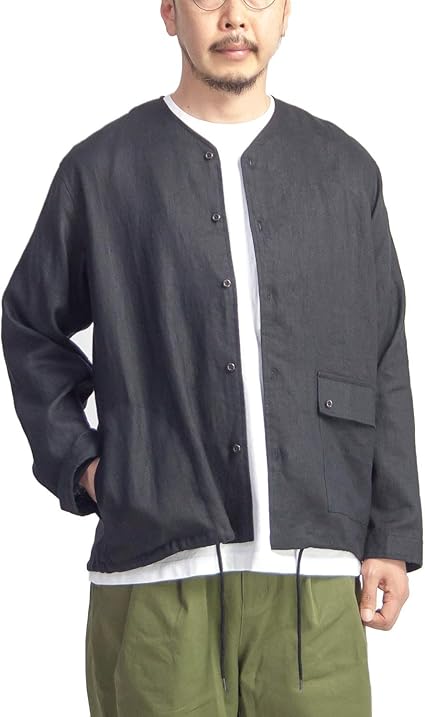 Amazon Laotour 麻100 リネン ノーカラーシャツブルゾン カーディガン セットアップ対応 メンズ カーディガン 通販