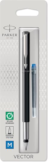 Parker Vector Fountain Pen Black Chrome Trim Medium Nib Blue Ink Hangtab view 8