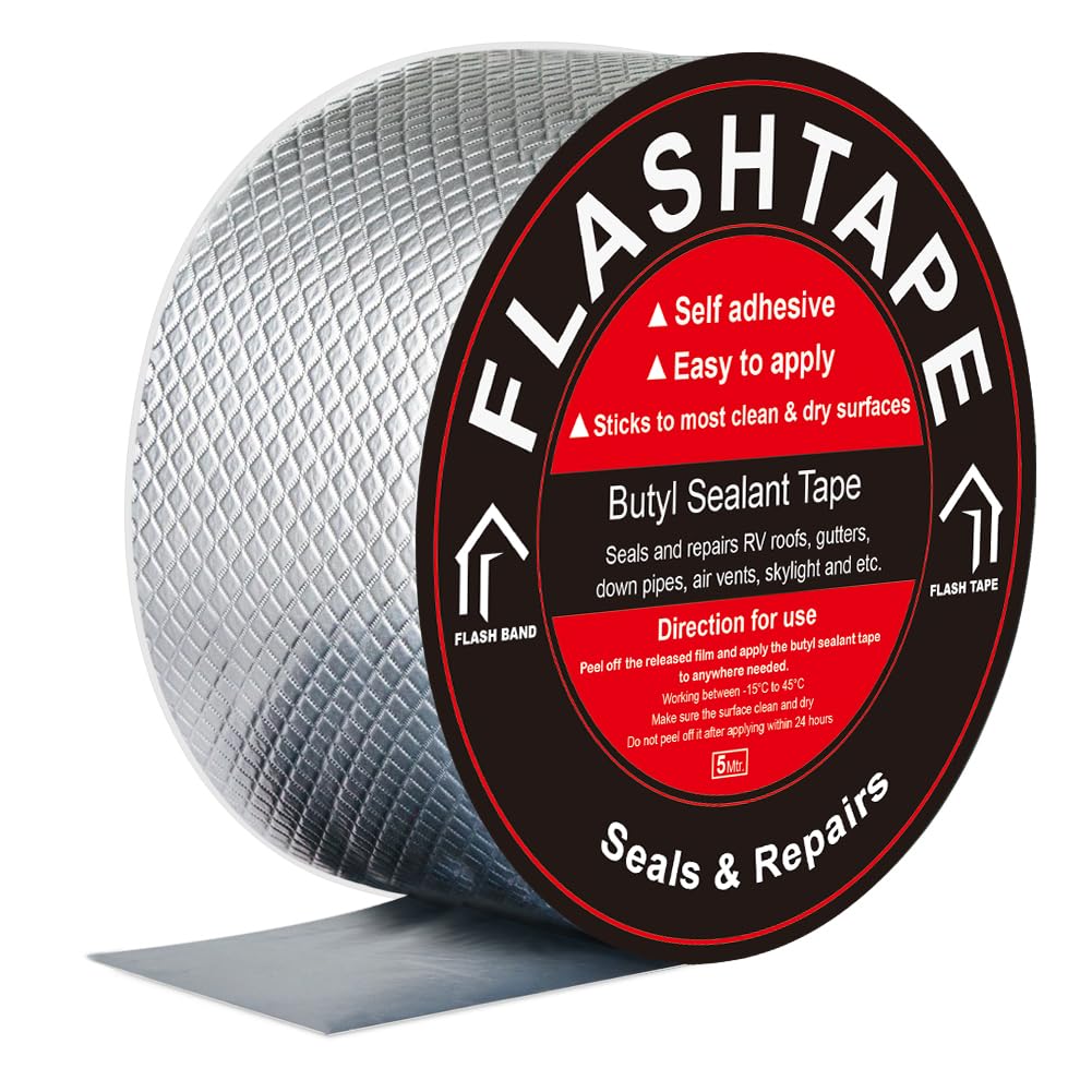 fowong Waterproof Tape, 60mm(W) x 5M(L) Butyl Tape for Roof and Leak Repair, Waterproof Tape for Outdoor Use and Leaks, Flash Tape for Roof Sealant, Aluminum Foil Tape Heavy Duty for RV Repair, Silver
