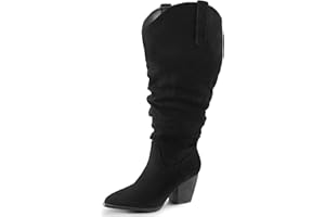 mysoft Women's Wide Calf Knee High Boots Cowgirl Low Chunky Stacked Heel Wide Width Pointed Toe Slouchy Tall Boots with Zippers
