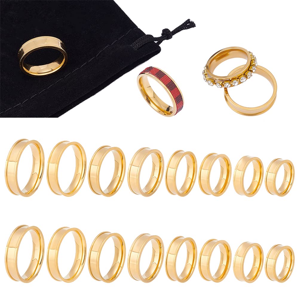 UNICRAFTALE 16pcs Golden Blank Core Ring 8 Sizes Stainless Steel Grooved Ring with Velvet Pouches Round Empty Ring for Inlay Ring Jewelry Band Making and Gift Size 5-14 (RJEW-UN0002-37-EU12)