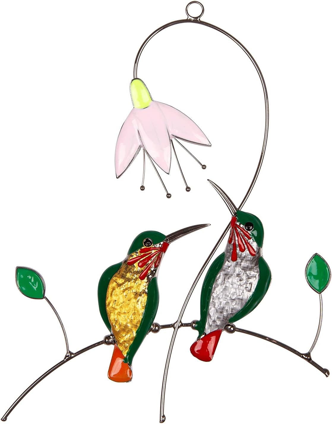 Hummingbird Suncatcher Stained Glass Window Hanging, 2 Birds on A Wire with Flower Nectar, Leaf Ornament Decor and Suction Cup
