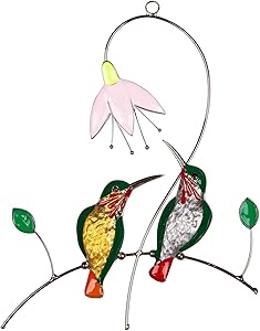 Hummingbird Suncatcher Stained Glass Window Hanging, 2 Birds on A Wire with Flower Nectar, Leaf Ornament Decor and Suction Cup