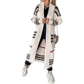 ebossy Women's Vintage Open Front Knit Striped Maxi Long Cardigan Sweater with Pockets