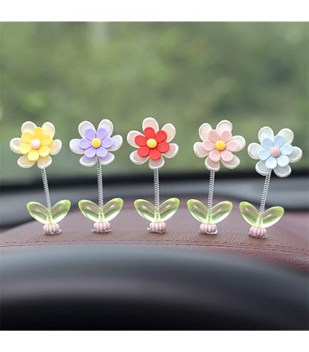 5-Piece Daisy Resin Flower Car Decor - Springy Dashboard Ornaments For Women, Cute Interior Accessories - View #4