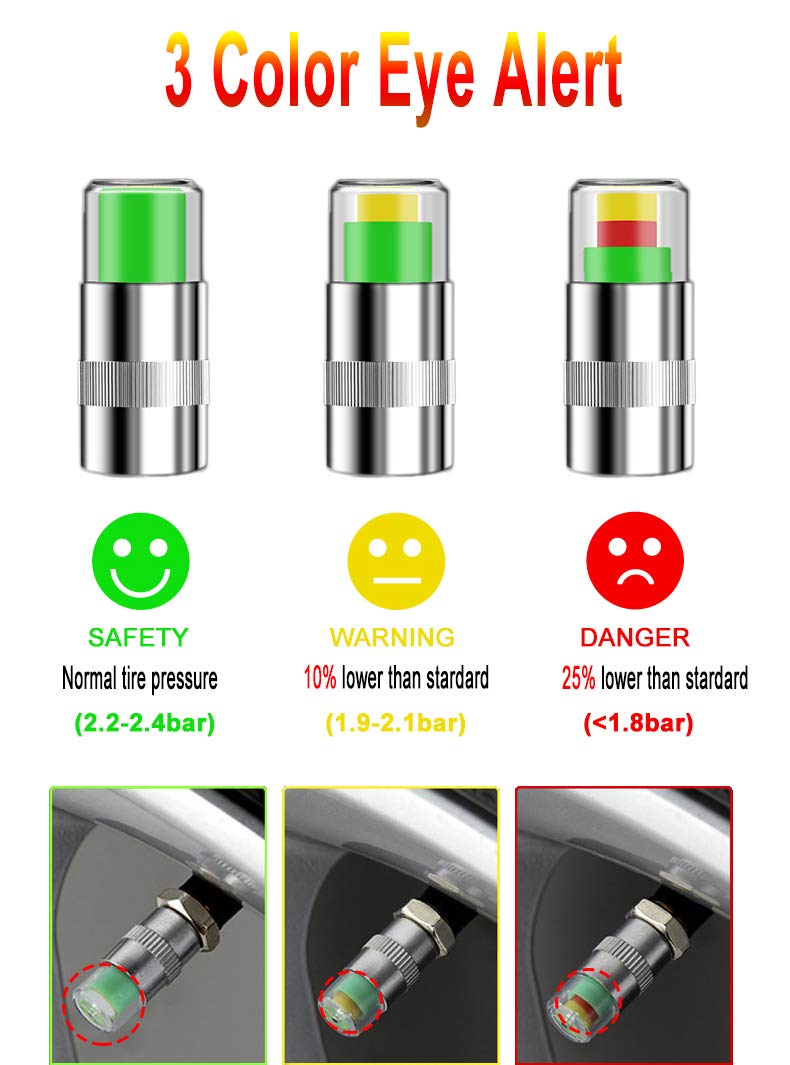 QUNQI STAR Tire Pressure Monitor Valve Caps Anti-Theft Sensor Indicator 3 Color Eye Alert for Car SUV Truck Motorcycles Vehicles (2 Set(8pcs))