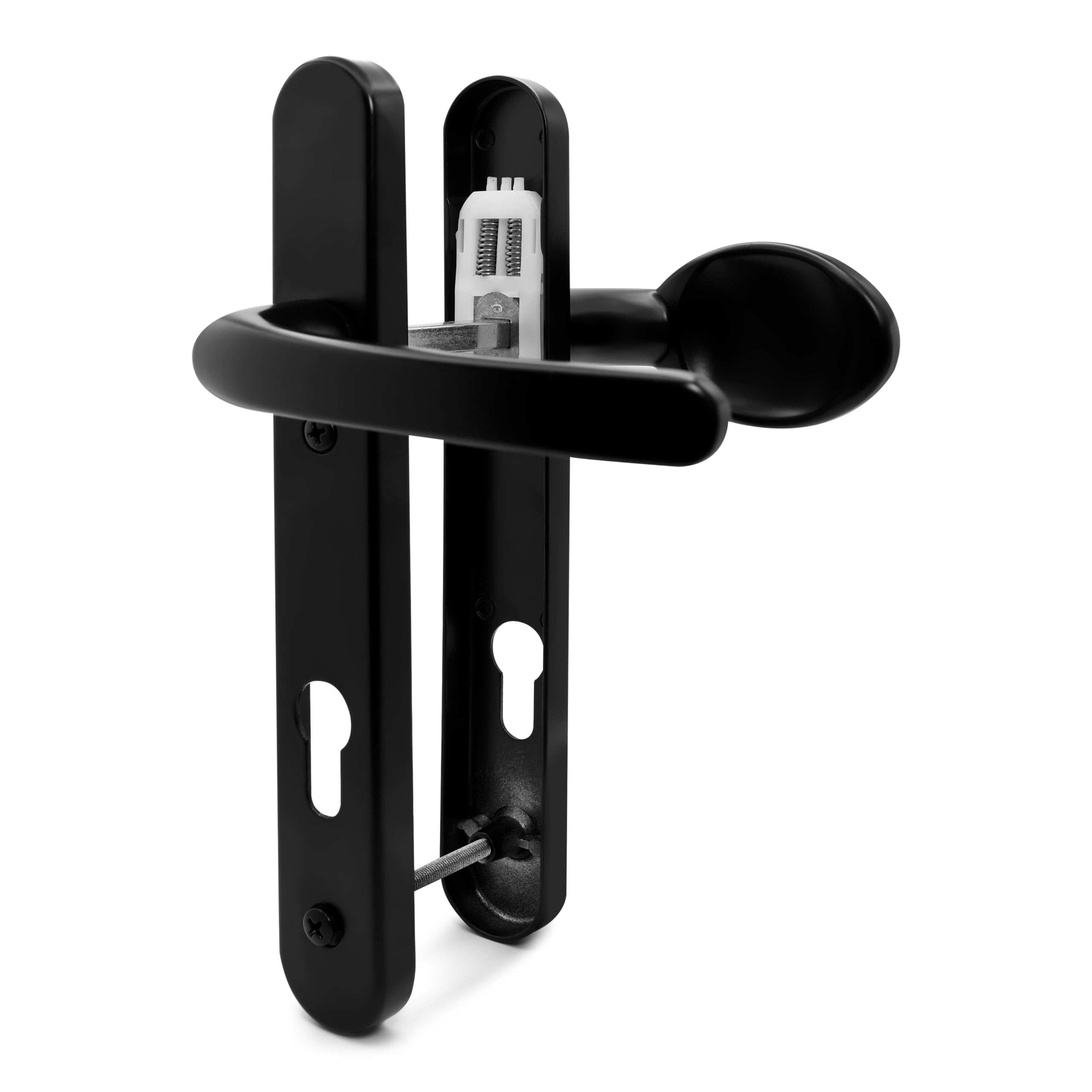 TSS Black UPVC Door Handle Pair Set, Sprung, 92mm PZ Centres, Lever Moveable Pad, 122mm Screw to Screw, Backplate 245mm x 34mm - Replacement PVC Door Handle in Black