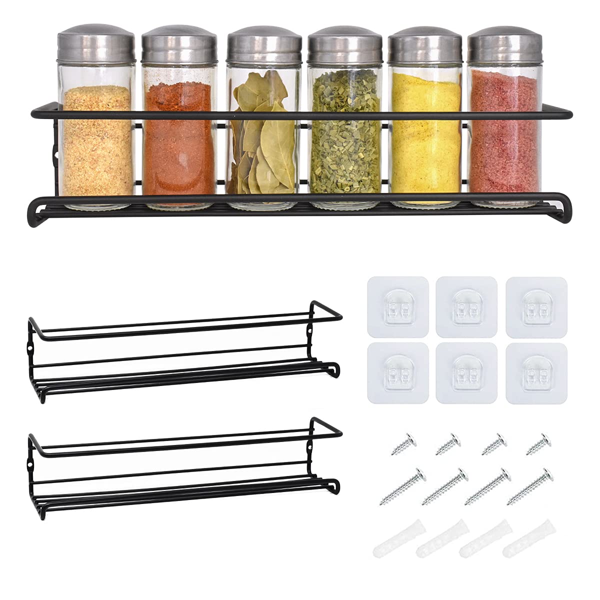 Joejis 2 Tier Metal Spice Racks, Wall Mounted Spice Jar Storage Rack Organiser, Hanging Spice Rack for Inside Cupboard, Strong Adhesive No Drill for Spices Condiments Cooking Tools, Black