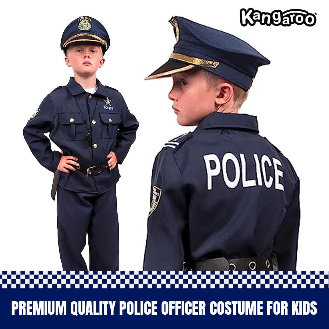 Kangaroo Police Costume for Kids – 12 Pc Black Cop Outfit with Hat, Badge, Handcuffs, Holster & More