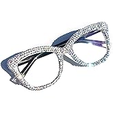 willochra Oprah Style Rhinestone bling Diamond Reading Glasses for Women, Fashion Square Blue Light Blocking Readers