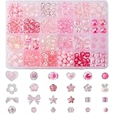 CHGCRAFT 279Pcs 24Style Pink Acrylic Beads Assorted Beads Transparent Mixed Shape Cute Adorable Heart Flower Letters Smile Bead Bulk Set for Jwelry Making Bracelets Necklace Crafts