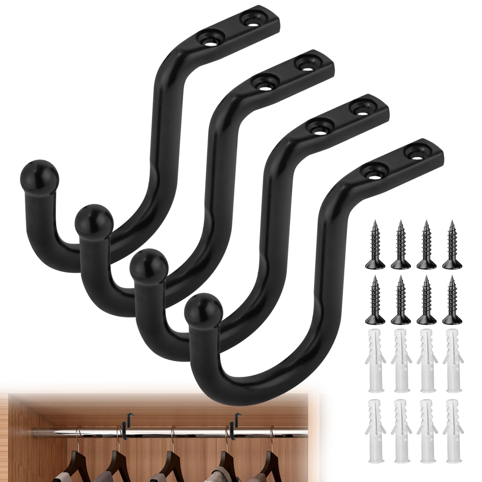 Photo 1 of LANMIERT Closet Rod Bracket 4 Pcs Closet Rod Center Supports Hanger for up to 1-3/8 inch Rods, Heavy Duty Closet Rod Support Clothes Storage Hanger Provides Extra Support for Closet Rod (Black)