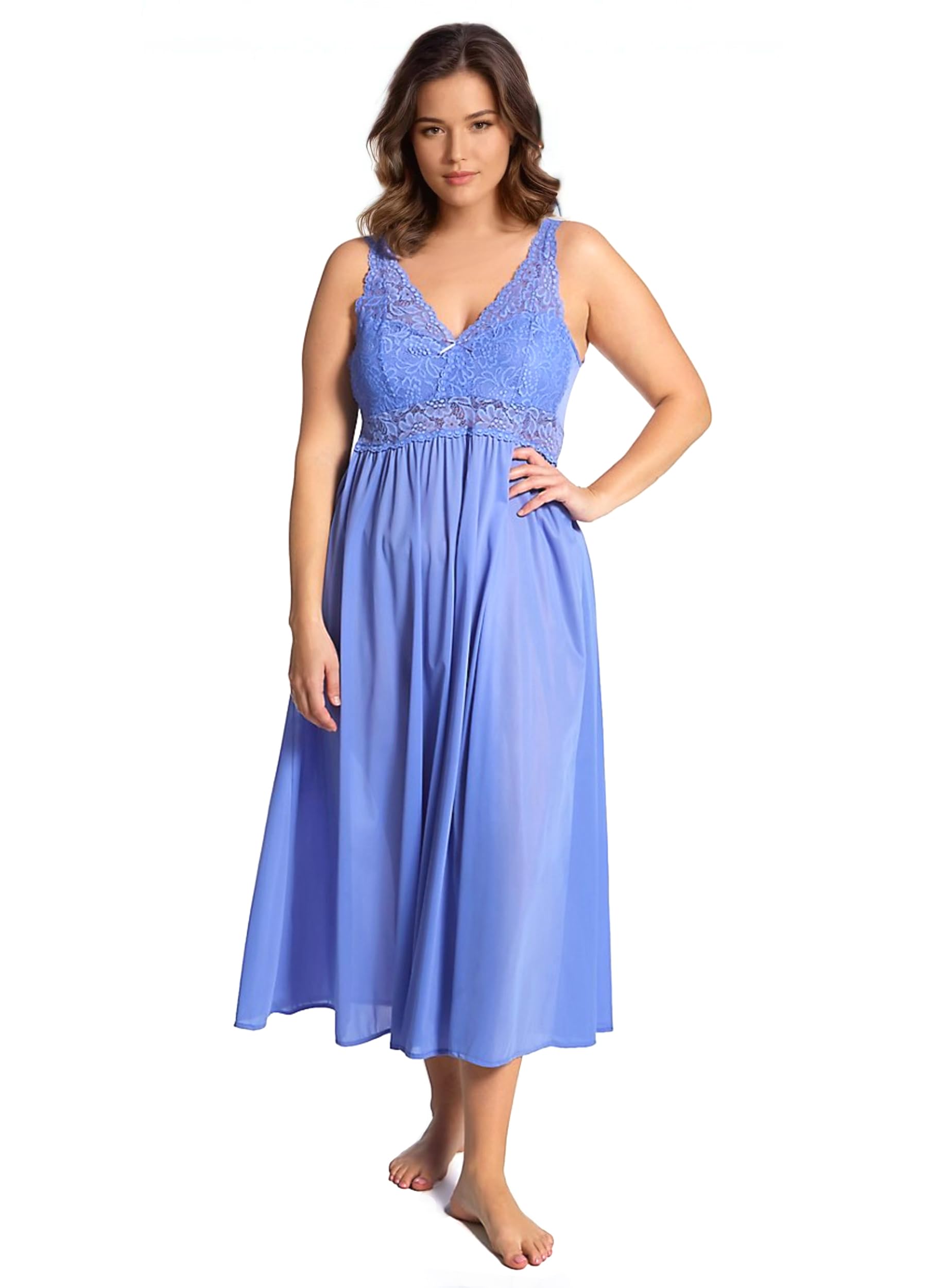 Exquisite Form Women’s 70807 Nylon Tricot Sleeveless Long Nightgown with Floral Lace