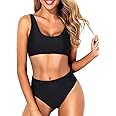 Tempt Me Women Two Piece Scoop Neck Bikini Crop Top Swimsuit Sporty High Waisted Bathing Suit