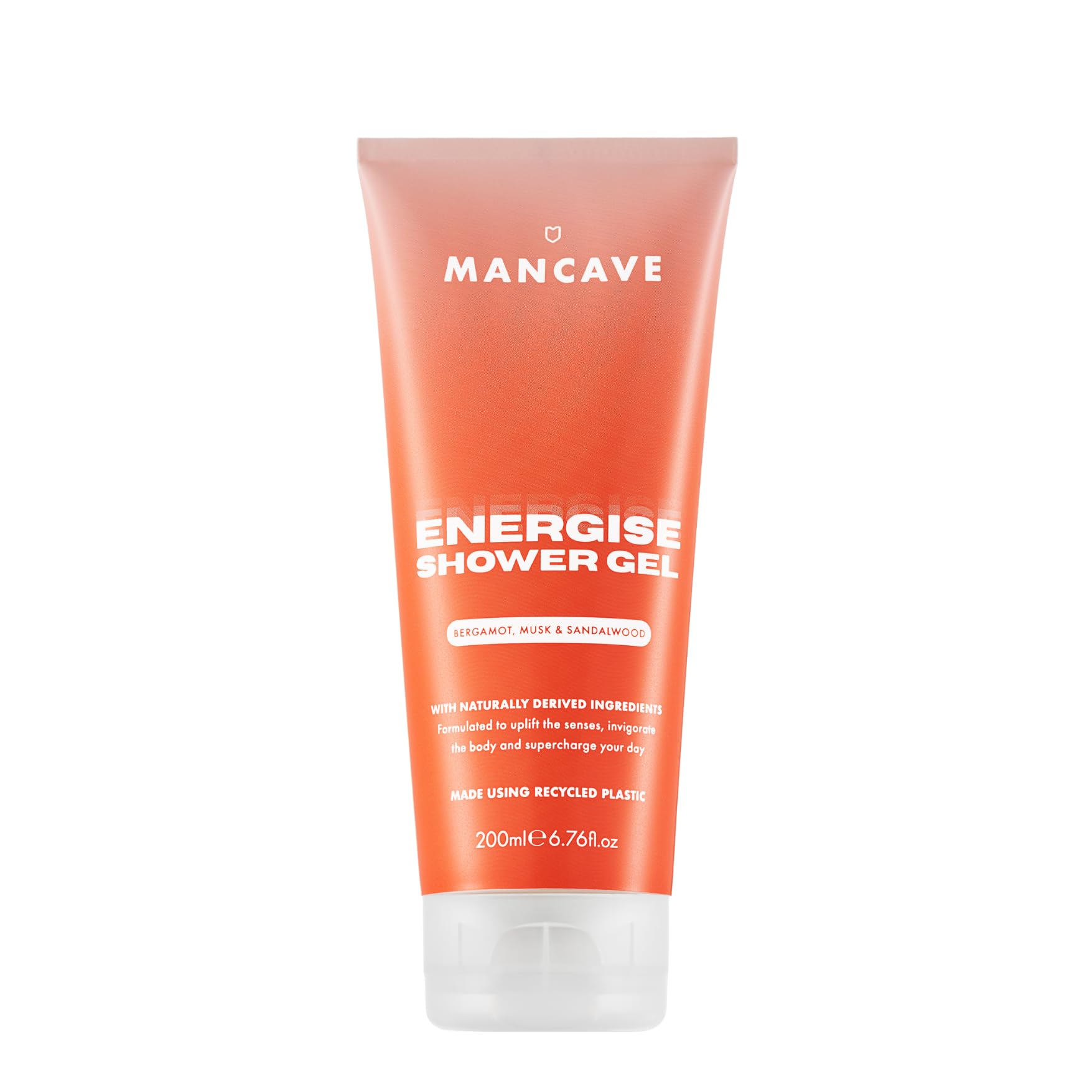 ManCave Energise Mens Shower Gel, 200 ml, Body Wash, Natural Ingredients, Vegan, Eco-Conscious and Cruelty-Free, Invigorating Shower Gel for Men with Bergamot, Musk, Sandalwood, Body Wash for Men
