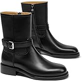 BEAU TODAY Motorcycle Boots Women, Genuine Leather Platform Ankle Boots, Womens Round Toe Chunky Low Heel Biker Boots, Fashion Outdoor Non Slip Moto Boots with Buckles