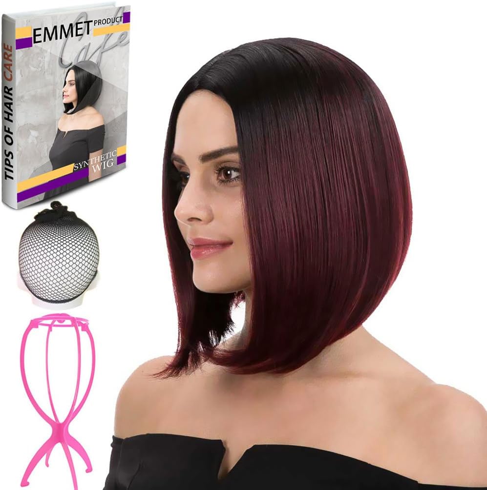 Emmet Short Bob Wig 12" Shoulder Length Soft Silk Synthetic Kanekalon Dark Roots Ombre Color Women’s Wigs with Free Wig Cap & Free Wig Stand Holder & Free Ebook (Black & Burgundy)