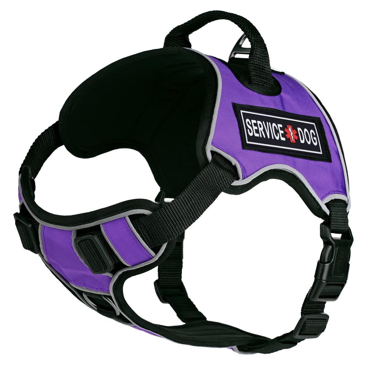 Dogline Quest No-Pull Dog Harness with 3D Rubber Service Dog Removable Patches Reflective Soft Comfortable Dog Vest with Quick Release Dual Buckles Black Hardware and Handle 32 to 40 inches Purple