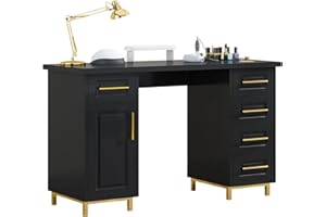 MaverickFurni Black and Gold Nail Tech Desk with Drawers, 43 Inch Manicure Table with Storage for Nail Tech, Nail Makeup Beauty Salon Table with 5 Drawers and Cabinet, Wooden Salon Spa Desk