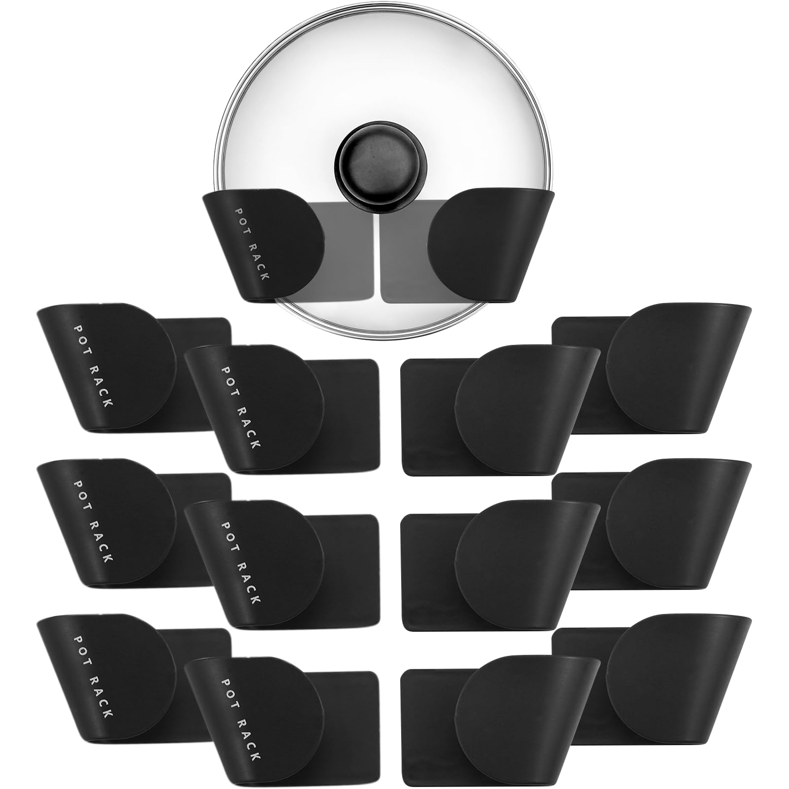 MAOQYE 12Pcs Pot Lid Racks Wall Mount Pan Lid Holder Punch-Free Pot Lid Storage Organizer Adjustable Hanging Pan Cover Organizer Plastic Cutting Board Storage for Home Kitchen (Black)