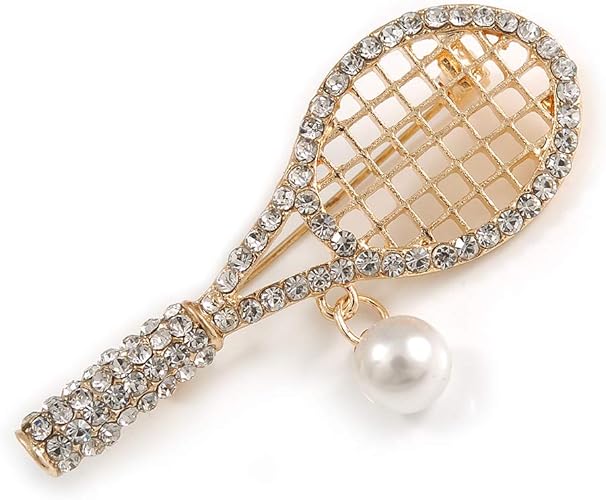 Avalaya Clear Crystal Tennis Racket with Pearl Bead Ball Brooch in Gold