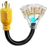 NEMA L5-30P Male to 3X 5-15R/5-20R Female Generator Distribution Adapter 3 Prong 30 Amp to 15 Amp/20Amp with Lighted Power In