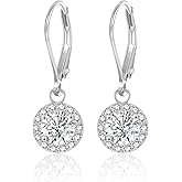 ALEXCRAFT Sterling Silver Leverback Dangle Drop Earrings for Women, Cubic Zirconia Small Round Square Halo Drop Earring Hypoallergenic Jewelry for Wedding Bridal