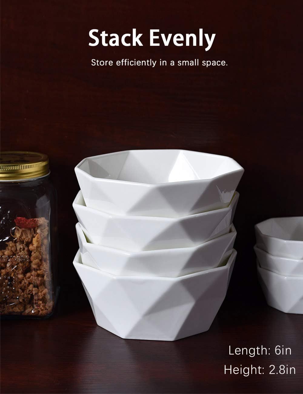  | Delling 22 Oz Geometric Cereal Bowls, White Soup Bowls Dessert/Nut Bowls Set for Rice Pasta Salad Oatmeal, Microwave / Dishwasher /Oven Safe Set of 4: Cereal Bowls