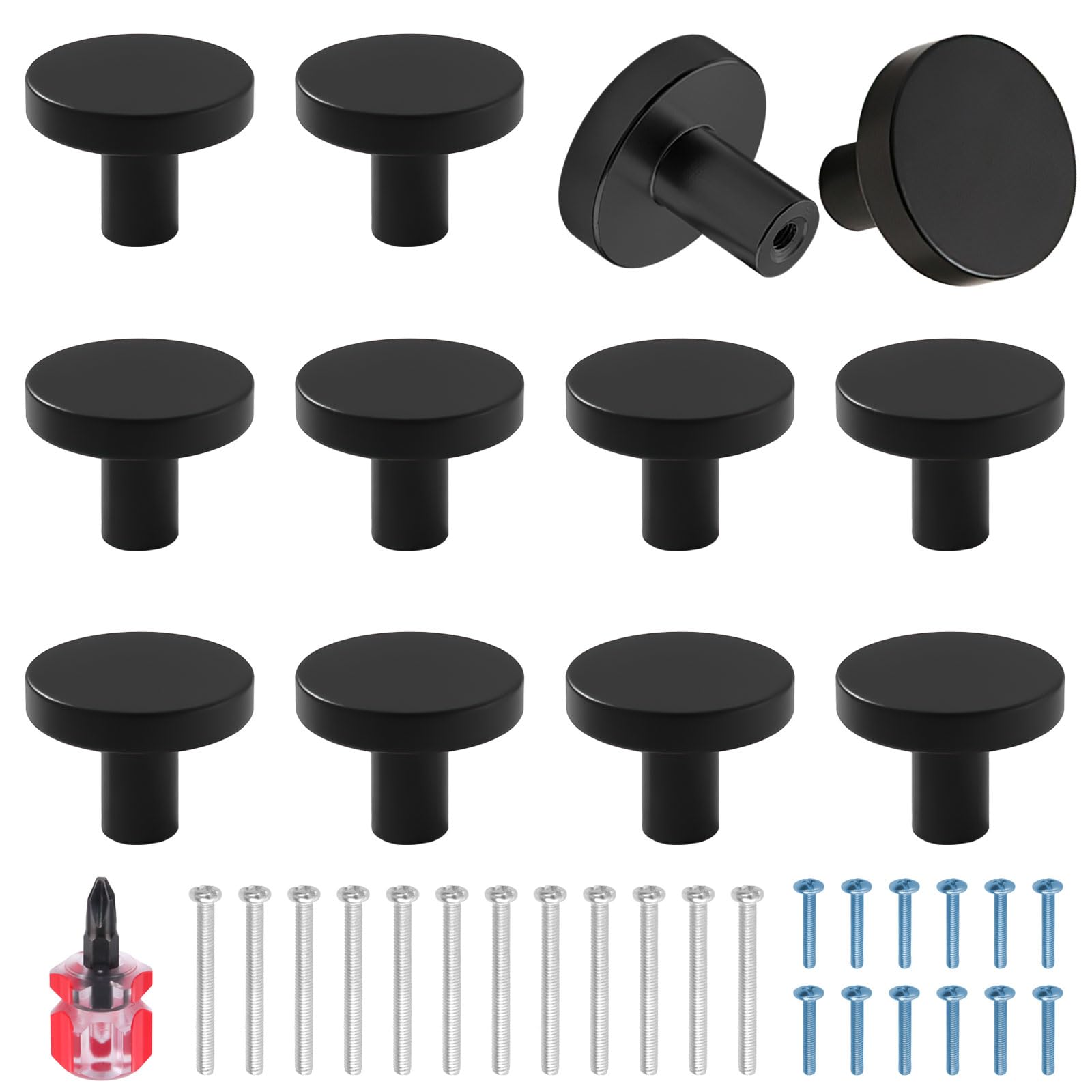 Haisheng 12 PCS Matte Black Metal Cabinet Knobs - Modern Round Door Handles for Furniture, Drawer, Wardrobe with Long/Short Screws