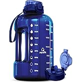 AQUAFIT Half Gallon Water Bottle with Time Marker - Straw & Chug Lid - BPA Free Gym Water Bottle with Straw - Big Gallon Jug (Blue, 64 oz - 2in1 Lid)