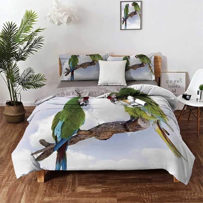 Bedding Cover Set with Zipper Ties Parrots Decor Two Parrot