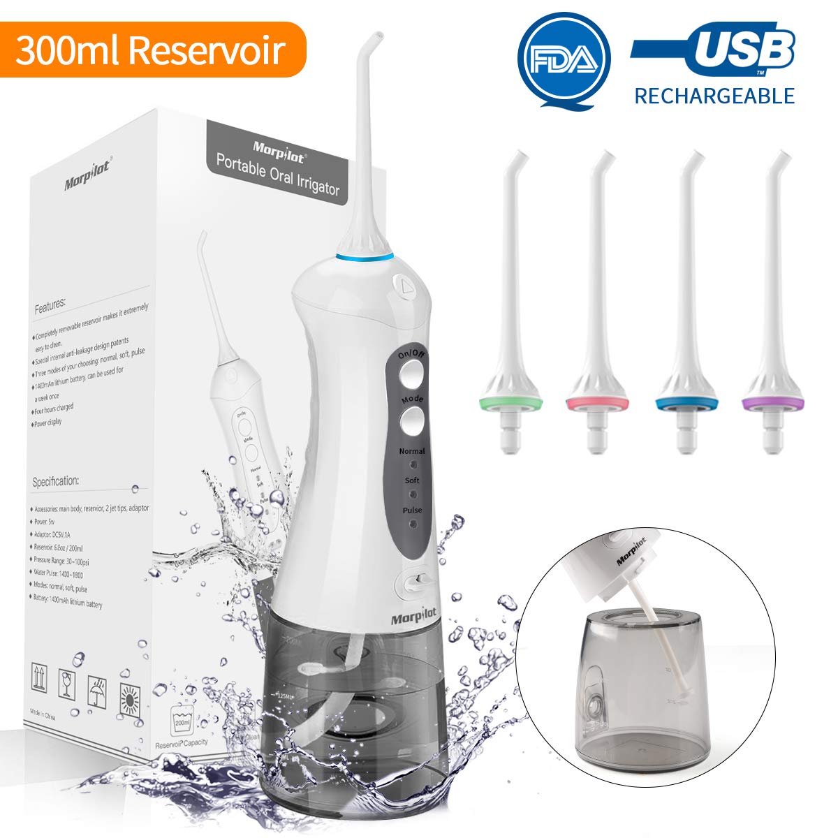 Water Flosser for Teeth,Power Floss Water Jet with 4 Jet Nozzles for Teeth Clean,Upgrade 300ml Detachable Reservoir,IPX7 Waterproof, USB Rechargeable, 3 Water Pressure and FDA Approved,Adapter Not Inclued