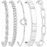 Gokeey Sterling Silver Cuff Bangle Bracelet Set for Women Non Tarnish, Silver Chunky Cuban Link Chain Heart Love Infinity Tie Knot Paperclip Beaded Twist Rope Silver Bracelets Fashion Jewelry Gifts Set