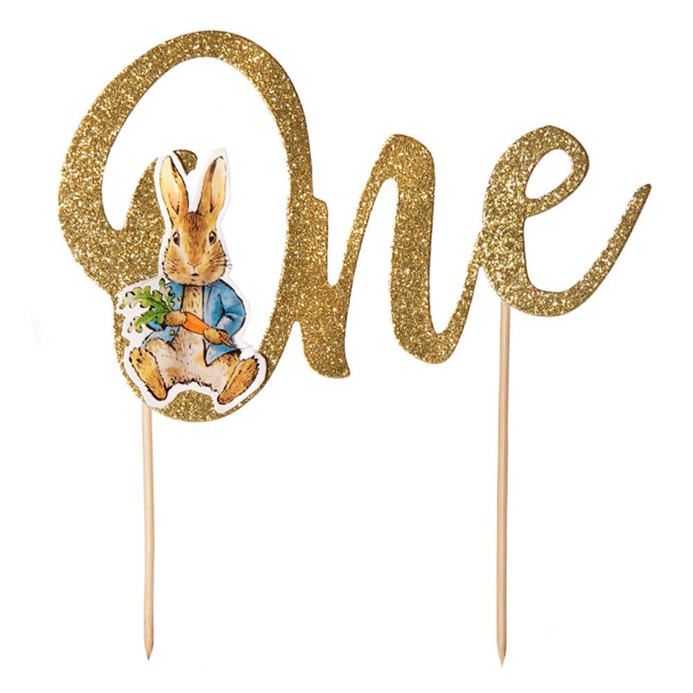 Anniversary House Official Beatrix Potter™ Peter Rabbit™ 1st Birthday One Gold Glitter Cake Topper with Attachment, Paper, Bamboo Picks, Premium Cake Decorations, Pack of 1, J003