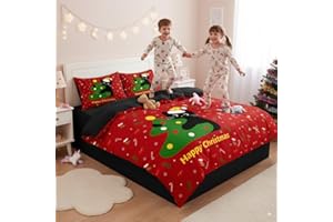 CCoutueChen Kids Christmas Cat Twin Size Bedding Set, Black Red Xmas Tree Duvet Cover for Boys Teens Bedroom Decor, 2 Pcs Soft Microfiber Comforter Cover with 1 Pillowcase, 68"x86"
