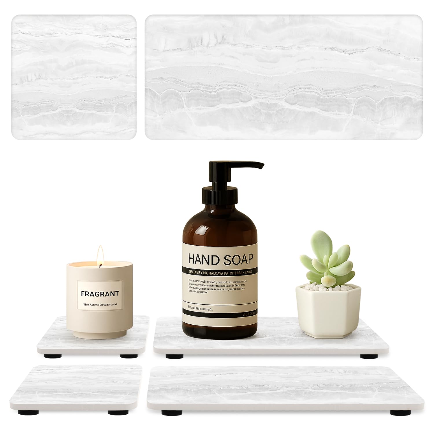 Photo 1 of 4 Pack Water Absorbing Stone Drying Tray for Bathroom Sink Trays Kitchen Counter Diatomite Stone Quick Dry Diatomaceous Earth Mat for Sink Kitchen Soap Trays Ceramic Marble Bathroom Vanity Tray
