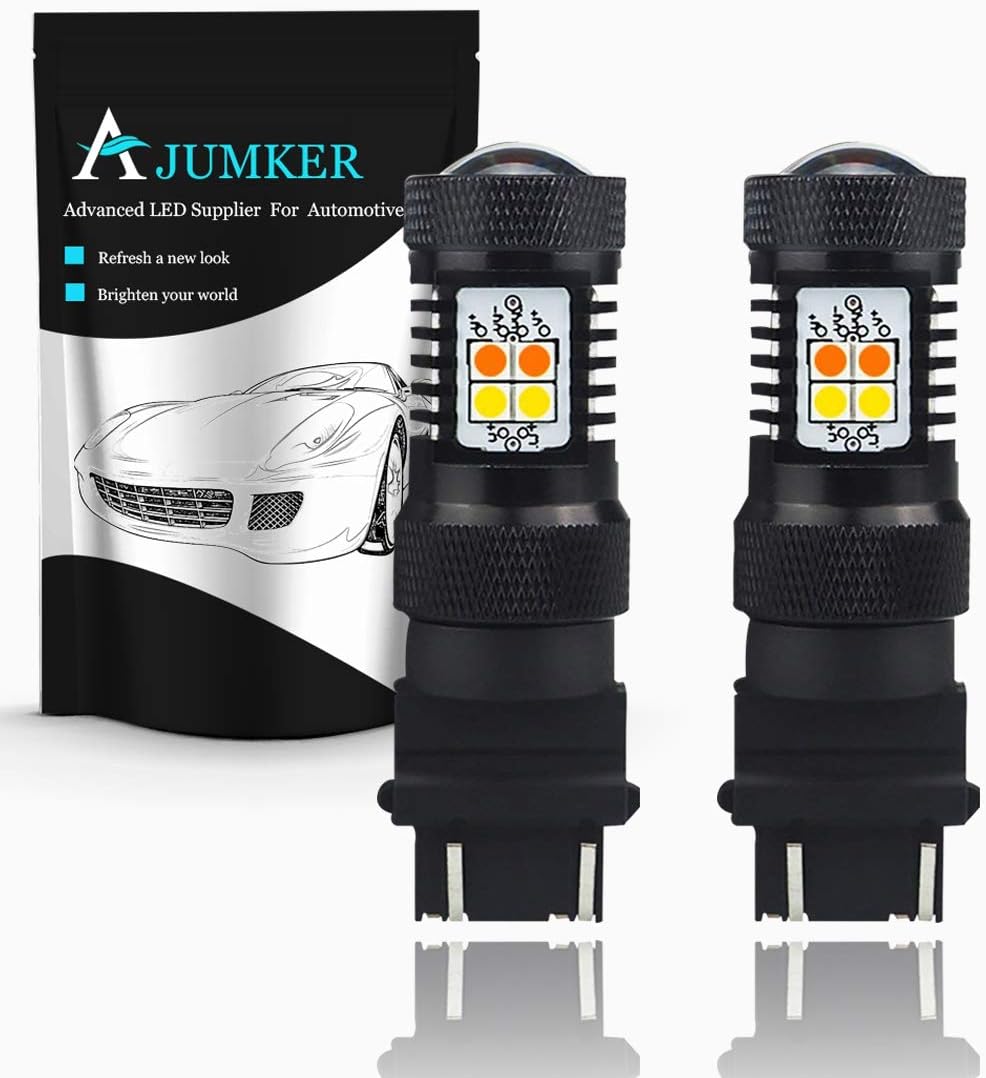 AJUMKER 3157 3057 3155 4157 4057 Switchback LED Bulb Extremely Bright 1600LM 3030 16-SMD with Projector Lens,12-24V,Work as Daytime Running Lights/DRL and Turn Signal Lights,White/Amber (Pack of 2)