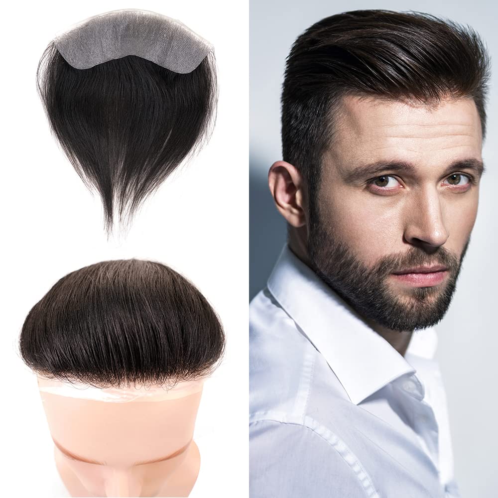 Lordhair V-Shape Frontal Hairpiece for Men, Natural Human Hair System with PU Thin Skin for Receding Hairline Coverage