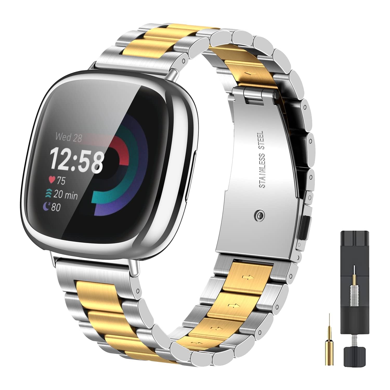 EZMVZKU Stainless Steel Strap and Protective Cover for Fitbit Versa 4/Sense 2, Compatible with Fitbit Sense 2 Metal Watch Band for Versa 4 with Case