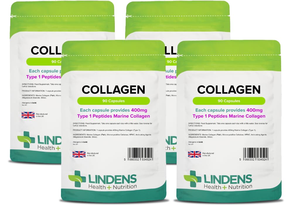 Lindens - Collagen 400mg, 360 Capsules - (90 Pack x4) - Marine Source Hydrolysed Collagen - Supports Bones, Cartilage, Ligaments, Tendons and Connective Tissues - UK Made