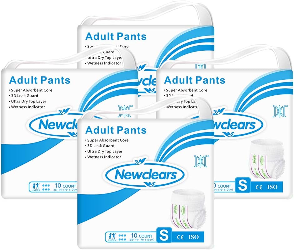 Newclears Incontinence Underwear for Women Men, Disposable Adult Diapers Absorbent Pull Ups Maximum Absorbency for Disability Postnatal Patient Bedridden Care, 10 Count/Pack, 4 Pack, S