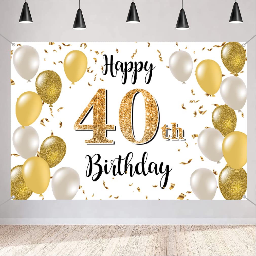 Tecreo 40th Birthday Decor Men/Women, 40th Birthday Fabric Sign Poster, 40th Anniversary Party Background Banner, Birthday Decor White and Gold, 1.5m
