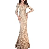 MTVOPN Women's V-Neck Sequins Mermaid Evening Dress with Sleeves