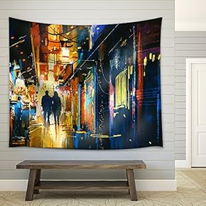 Couple Walking in Alley with Colorful Lights,Digital Painting - Fabric Wall Tapestry Home Decor - 51x60 inches