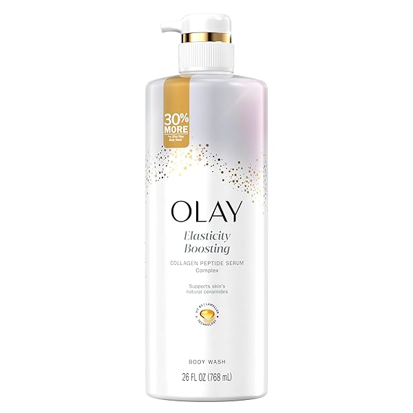 OLAY BODY WASH FOR WOMEN, ELASTICITY BOOSTING, COLLAGEN PEPTIDE SERUM COMPLEX, RENEWS MOISTURE, FREE OF PARABENS & PHTHALATES, VITAMIN B3 LAMELLER TECHNOLOGY, FOR ALL SKIN TYPES, 26 FL OZ