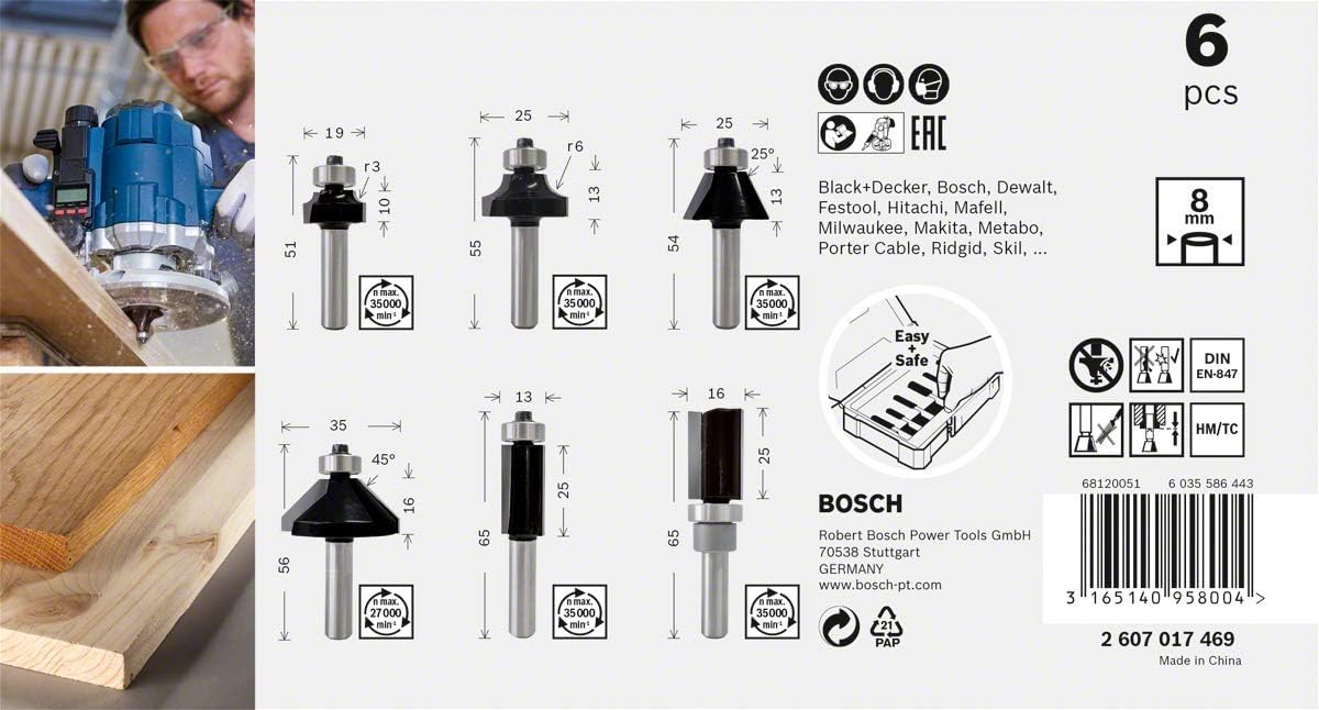 Bosch Professional 6 pcs. Trim & Edging Router Bit Set (for Wood diameter 8 mm Shank, Accessory Router), Multi-coloured - Image 3