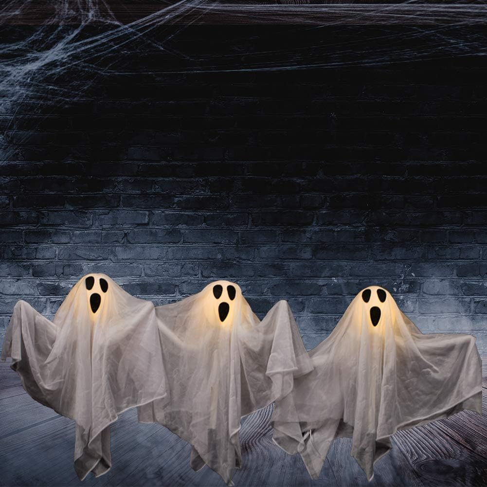 PRAISUN Halloween Yard Ghost Stake with Shining Face, Set of 3, Halloween Outside Yard Decorations, Lawn Yard Decorations, Trick or Treating: Garden & Outdoor