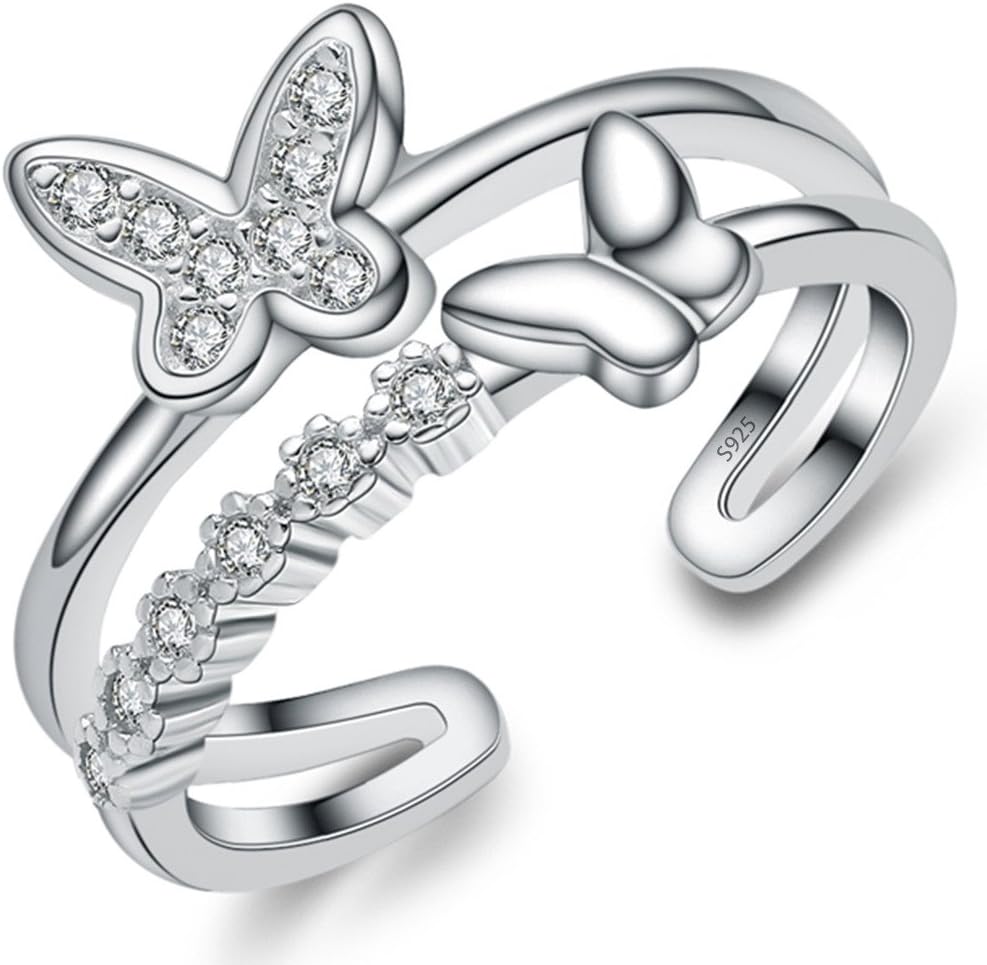 Unendlich U925 Sterling Silver Cubic Zirconia Channel Set Butterfly Kids/Girls Adjustable Tail Ring Size G for Engagement/Wedding/Anniversary